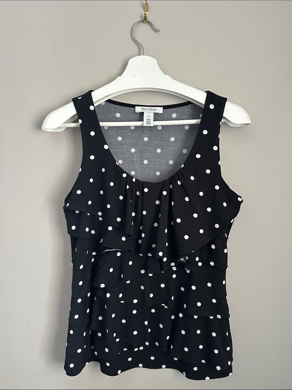 White House Black Market Black & White Polka Dot Ruffle Tank Top